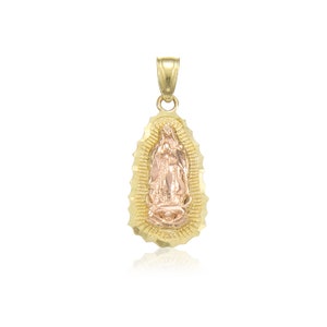 14K Solid Yellow Rose Gold Virgin Mary Pendant - Lady of Guadalupe Necklace Charm