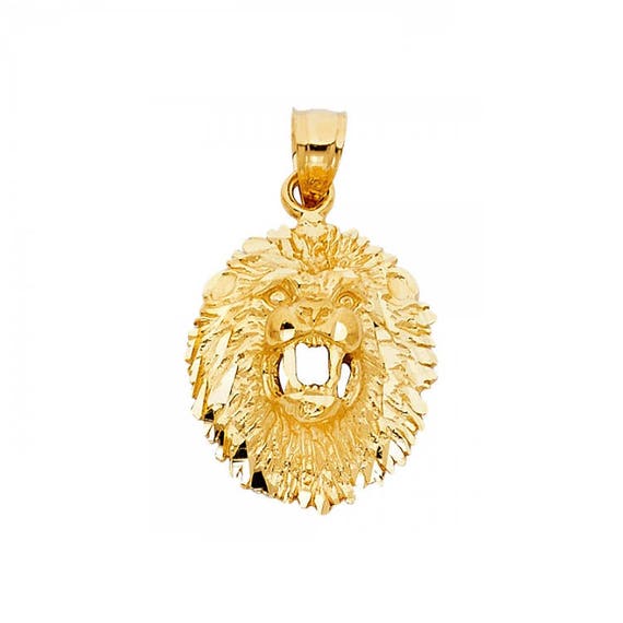 14k Solid Yellow Gold Lion Head Pendant Face Diamond Cut Etsy