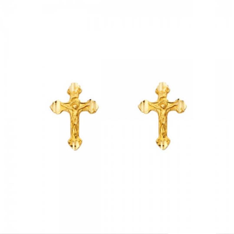14K Solid Yellow Gold Crucifix Cross Stud Earrings Jesus Christ