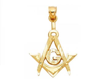 14K Solid Yellow Gold Masonic Pendant - Mason Freemason Necklace Charm