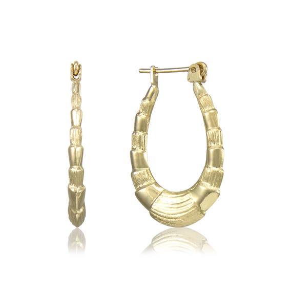 14K Yellow Gold Scalloped Hoop Earrings Oval Shrimp Puffy Hollow Door Knocker