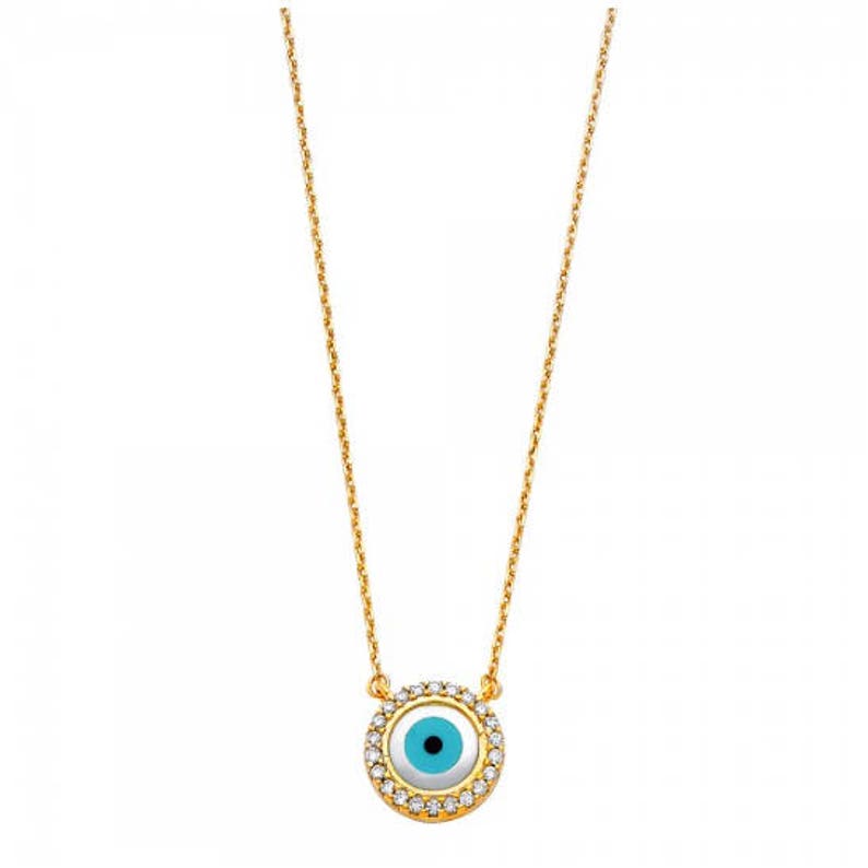 14K Solid Yellow Gold Cubic Zirconia Evil Eye Pendant Rolo Chain Necklace Set Blue Good Luck Charm