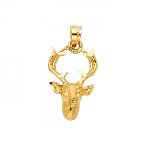 14K Solid Yellow Gold Deer Head Pendant Buck Male Necklace Etsy