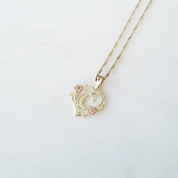 14K Flower Heart Initial Necklace Gold Letter A-Z Charm 