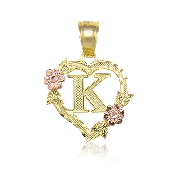 14K Flower Heart Initial Necklace Gold Letter A-Z Charm 