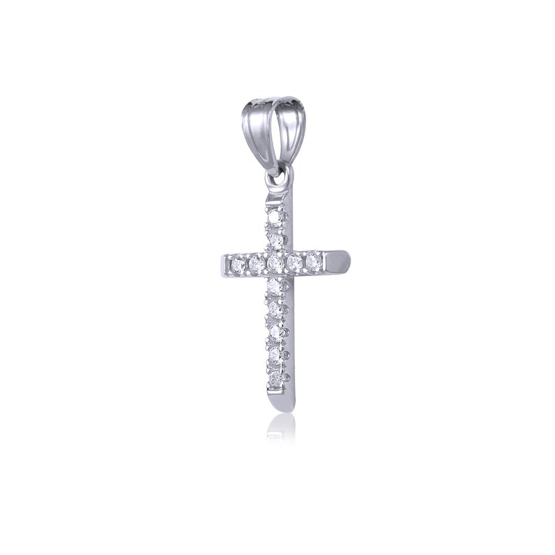 14K Solid White Gold Cubic Zirconia Cross Pendant Singapore Chain Necklace Set Charm