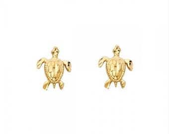 14K Solid Yellow Gold Turtle Stud Earrings - Good Luck Lucky Diamond Cut