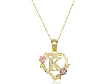 10K Solid Yellow Rose Gold Heart Initial Letter Pendant Singapore Chain Necklace Set - A-Z Any Alphabet Flower Charm