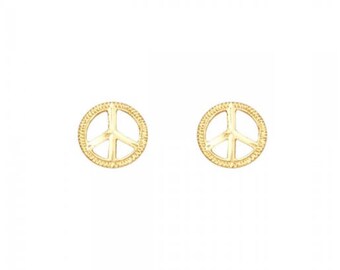 14K Solid Yellow Gold Peace Sign Stud Earrings - Love Diamond Cut