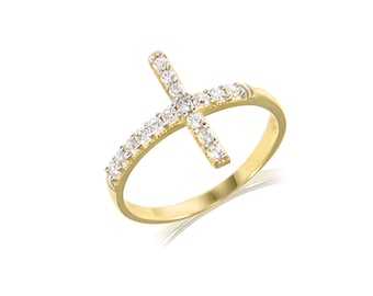 10K Solid Yellow Gold Cubic Zirconia Sideways Cross Ring - Polished Finger Band