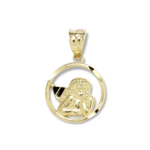 14K Solid Yellow Gold Baby Angel Medal Pendant - Guardian Round Necklace Charm