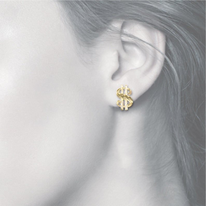Money Diamond Cut 10K Solid Yellow Gold Dollar Sign Stud Earrings