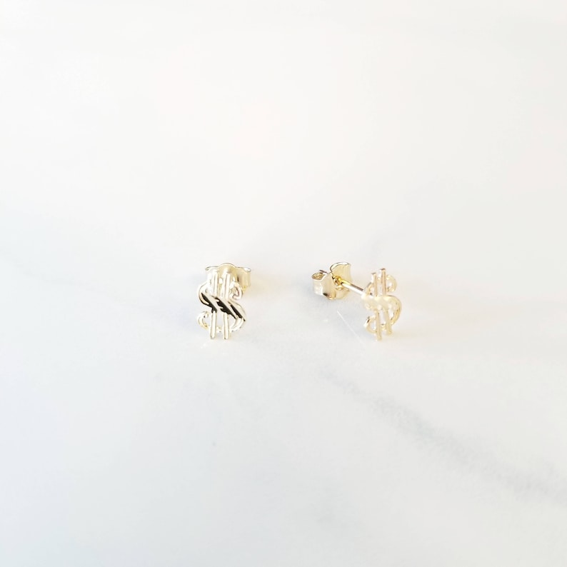 Money Diamond Cut 10K Solid Yellow Gold Dollar Sign Stud Earrings