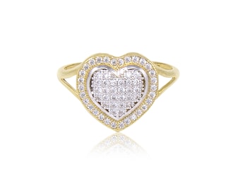 10K Solid Yellow Gold Cubic Zirconia Cluster Heart Ring - Love Polished Finger Band