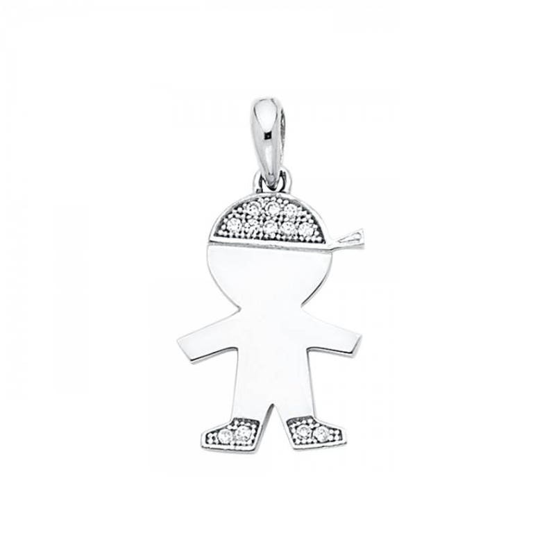 14K Solid White Gold Cubic Zirconia Boy Pendant Polished Necklace Charm