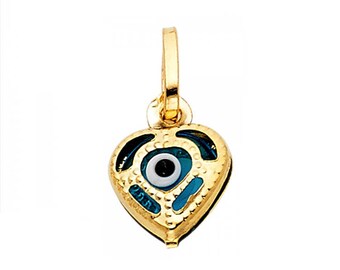 14K Solid Yellow Gold Heart Evil Eye Pendant - Good Luck Necklace Charm