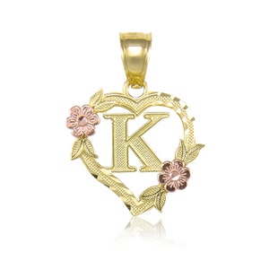 10K Solid Yellow Rose Gold Heart Initial Letter Pendant - A-Z Any Alphabet Flower Necklace Charm
