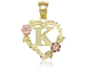 10K Solid Yellow Rose Gold Heart Initial Letter Pendant - A-Z Any Alphabet Flower Necklace Charm