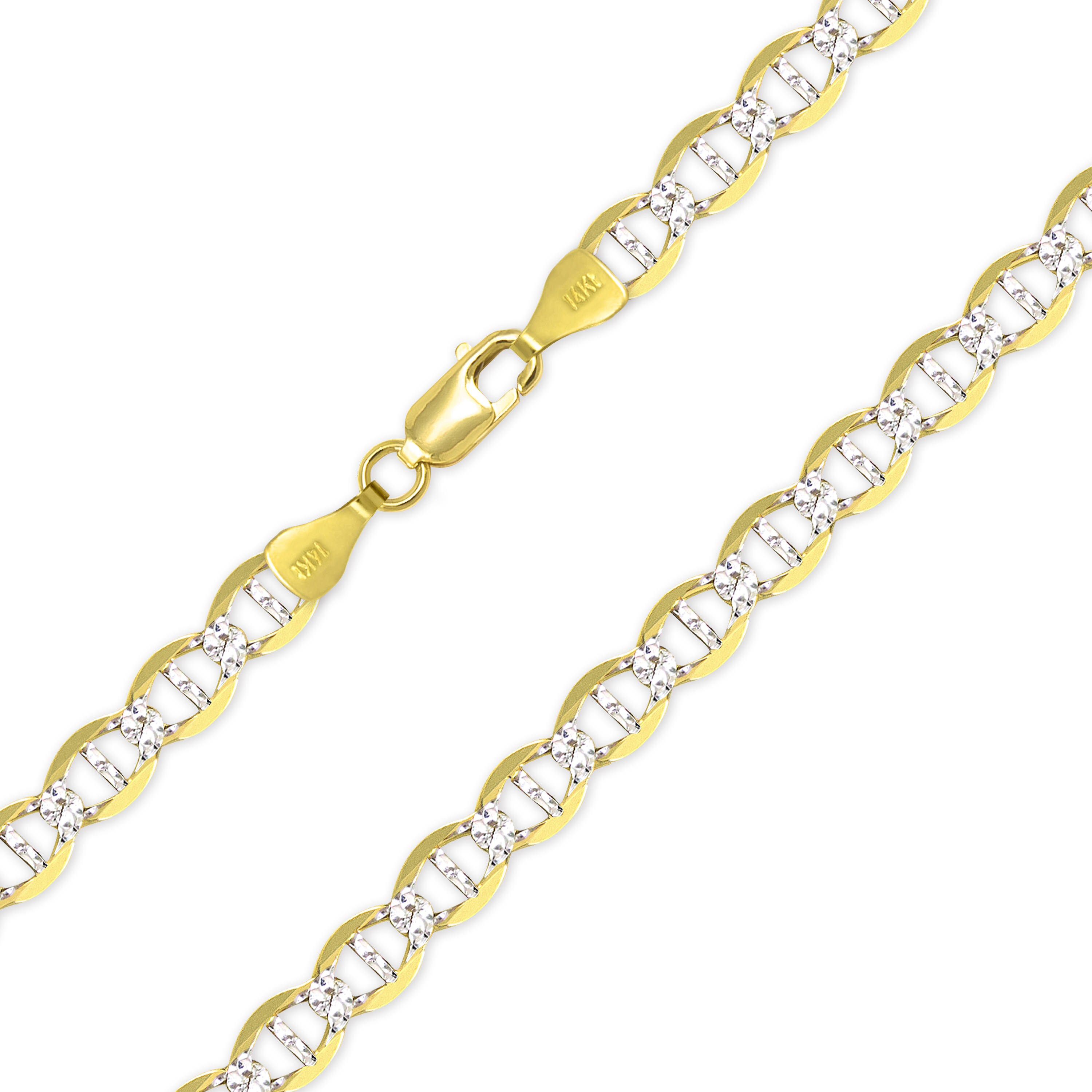 14k REAL Two Tone Gold Solid 3mm Flat Mariner White Pave Chain Necklace with Lobster Claw Clasp 