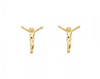 14K Solid Yellow Gold Jesus Stud Earrings - Christ Crucifix Cross
