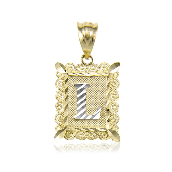 14K Solid Yellow White Gold Initial Letter Plate Pendant - A-Z Any Alphabet Necklace Charm