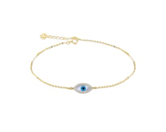 14K Solid Yellow Gold Cubic Zirconia Evil Eye Bracelet - Blue Good Luck Charm Rolo Chain Link