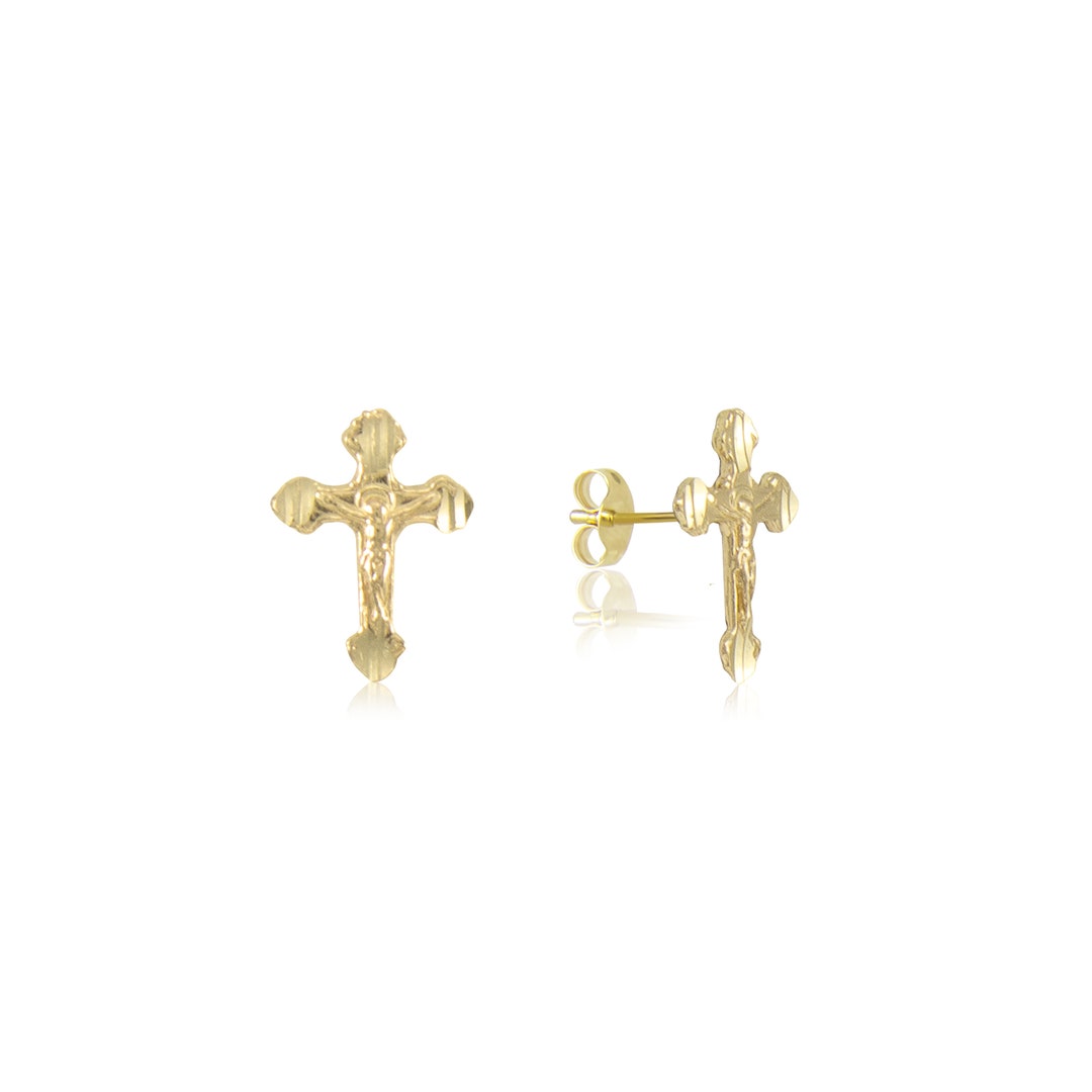 14K Solid Yellow Gold Crucifix Cross Stud Earrings Jesus - Etsy