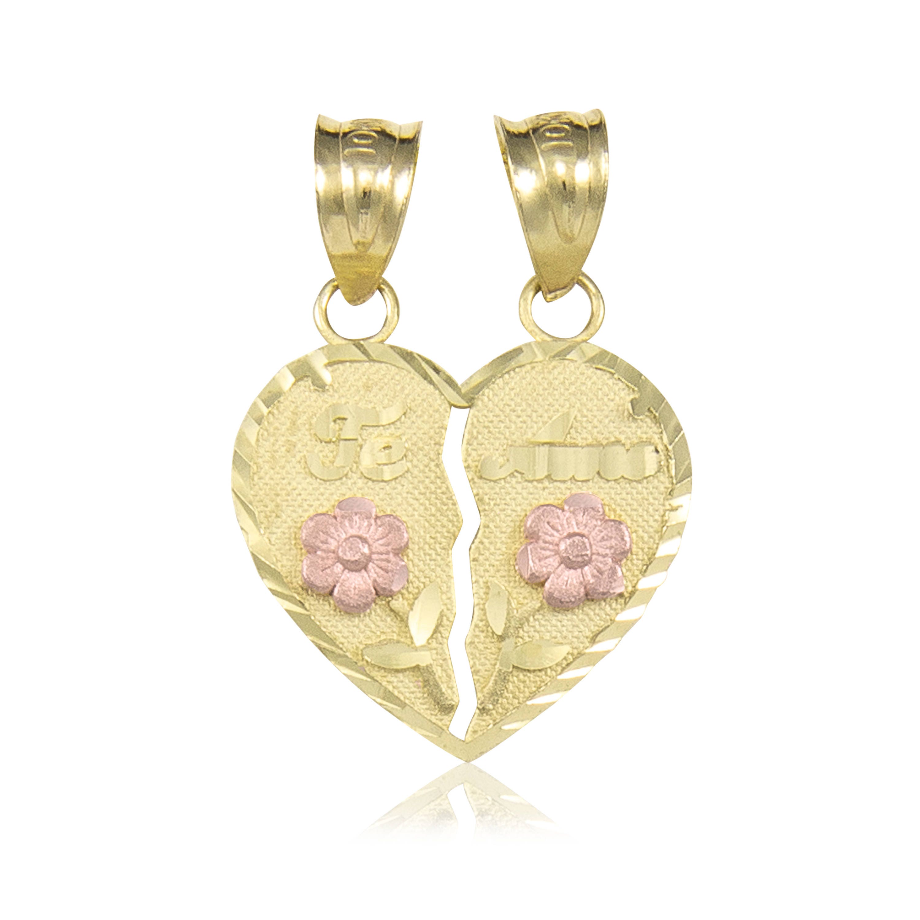 Details about / 14K Yellow Gold Te Amo with Rose Gold Flower Half Heart Pendant