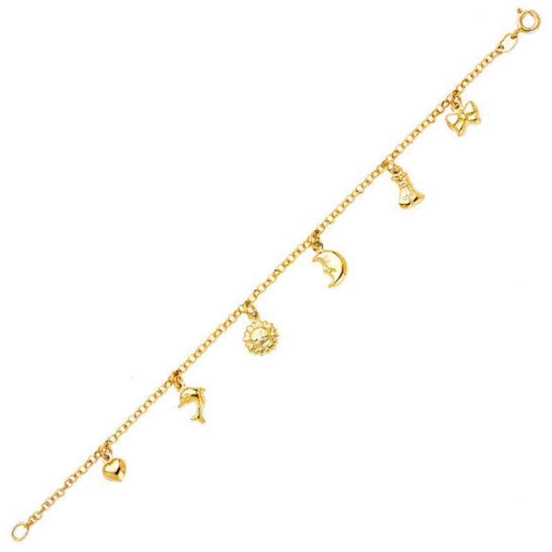 14K Solid Yellow Gold Heart Sun Moon Dolphin Ribbon Bracelet Fish Polished Charm Rolo Chain Link