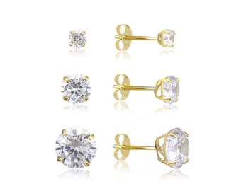 14K Solid Yellow Gold Cubic Zirconia Round Solitaire Stud Earrings 2-7mm