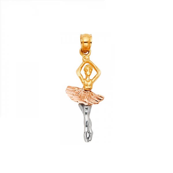 14K Solid Yellow White Rose Gold Ballerina Pendant - Ballet Dancer Necklace Charm