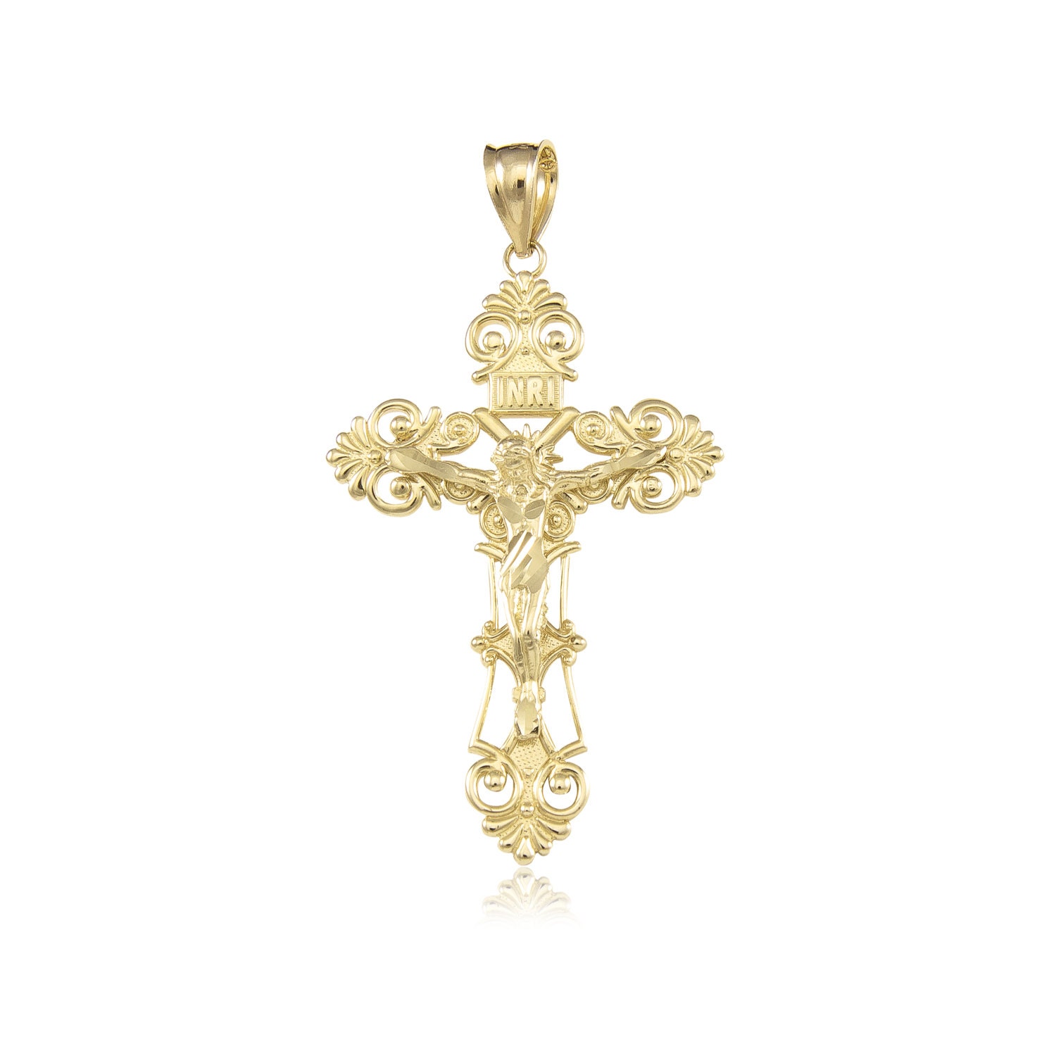 14K Solid Yellow Gold Filigree Crucifix 