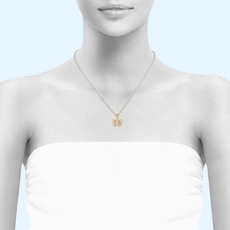 Multi Tone Necklace Charm 14K Solid Yellow White Rose Gold Butterfly Pendant