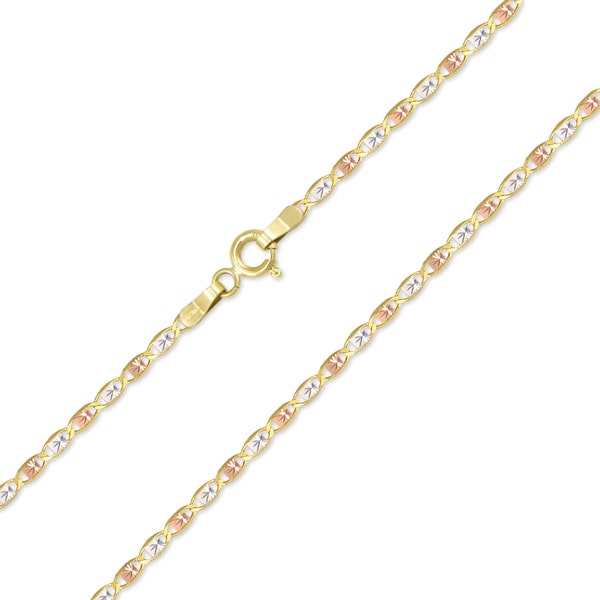 10K Solid Yellow White Rose Gold Valentino Necklace Chain 1.5mm 16-24" - Tri Color Link