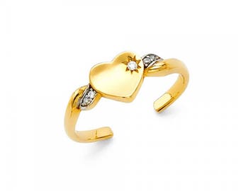 14K Solid Yellow White Gold Cubic Zirconia Heart Toe Ring Adjustable - Love Foot Feet Band