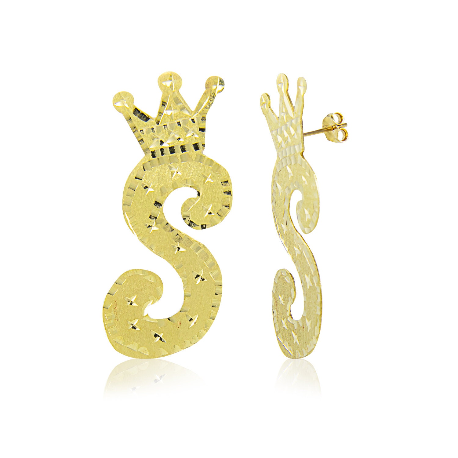 10K Solid Yellow Gold Custom Crown Initial Letter Stud Earrings