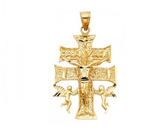 14K Solid Yellow Gold Caravaca Crucifix Cross Pendant - Jesus Necklace Charm