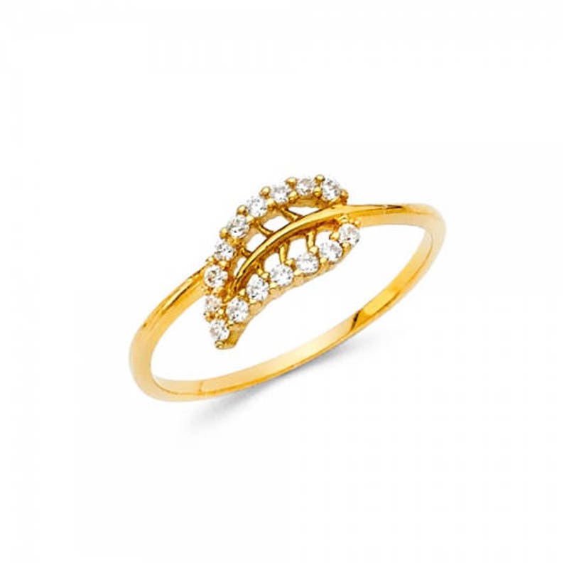 14K Solid Yellow Gold Cubic Zirconia Leaf Ring Polished Finger Band image 1