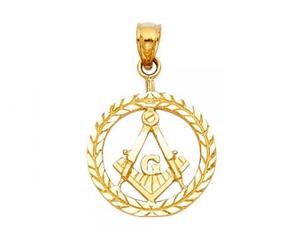 14K Solid Yellow Gold Wreath Masonic Pendant - Mason Freemason Necklace Charm