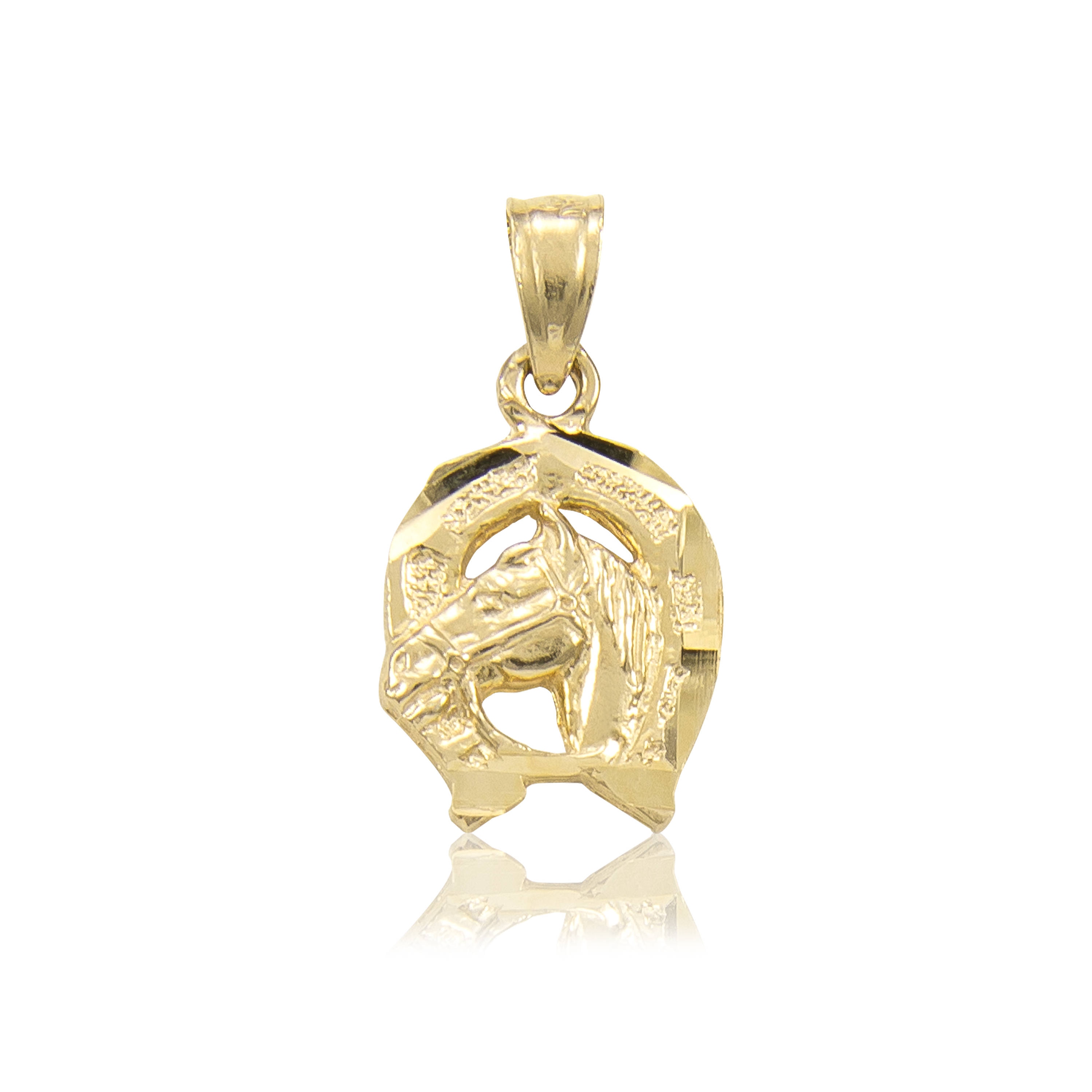 Solid 14K Yellow Gold Good Luck Horseshoe with Horse Head Pendant Necklace