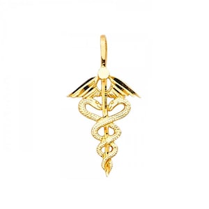 14K Solid Yellow Gold Caduceus Pendant - Medical Doctor Nurse Necklace Charm