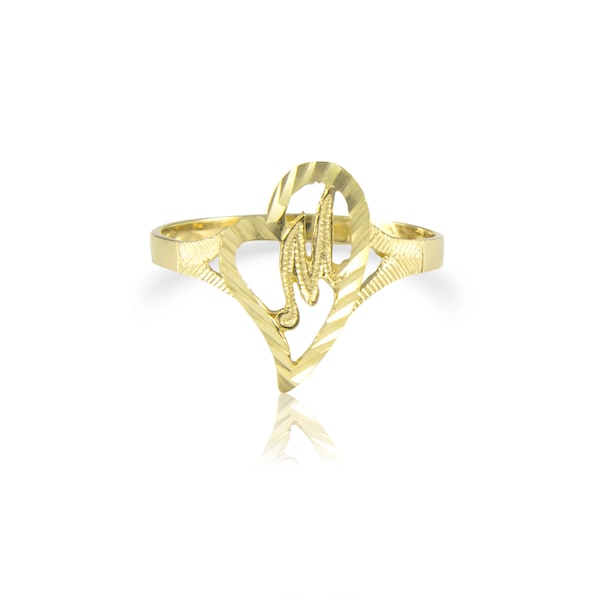 10K Solid Yellow Gold Heart Initial Letter Ring - A-Z Any Alphabet Love Band