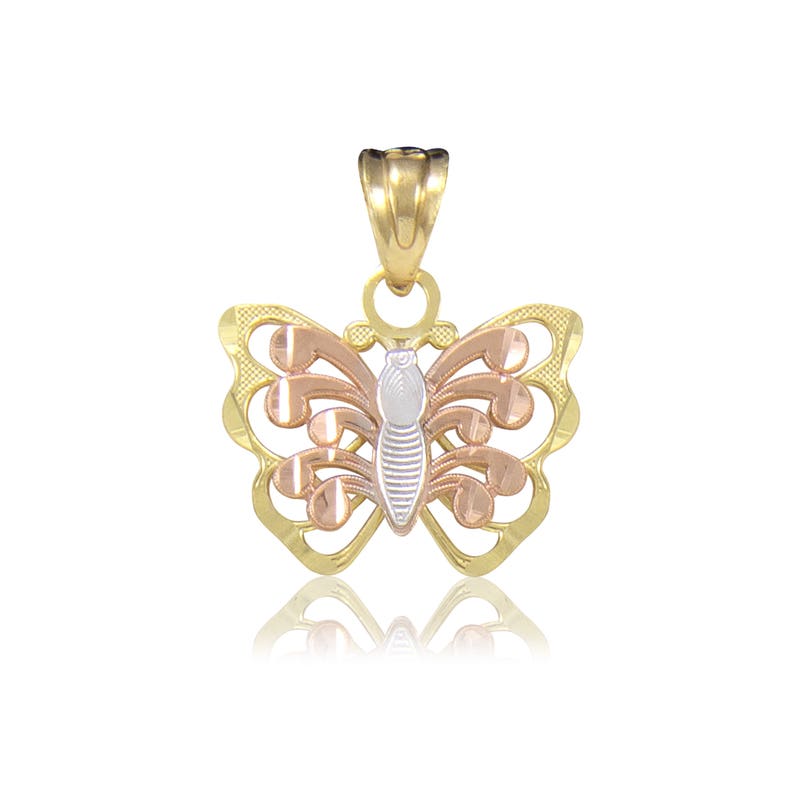 Multi Tone Necklace Charm 14K Solid Yellow White Rose Gold Butterfly Pendant