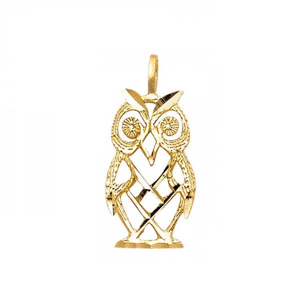 14K Solid Yellow Gold Owl Pendant - Bird Diamond Cut Necklace Charm