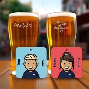 Coffret 2 verres à bière + 2 dessous de verre figurine, Coffret cadeau personnalisé, cadeau fête des pères, coffret verre, coffret cadeau