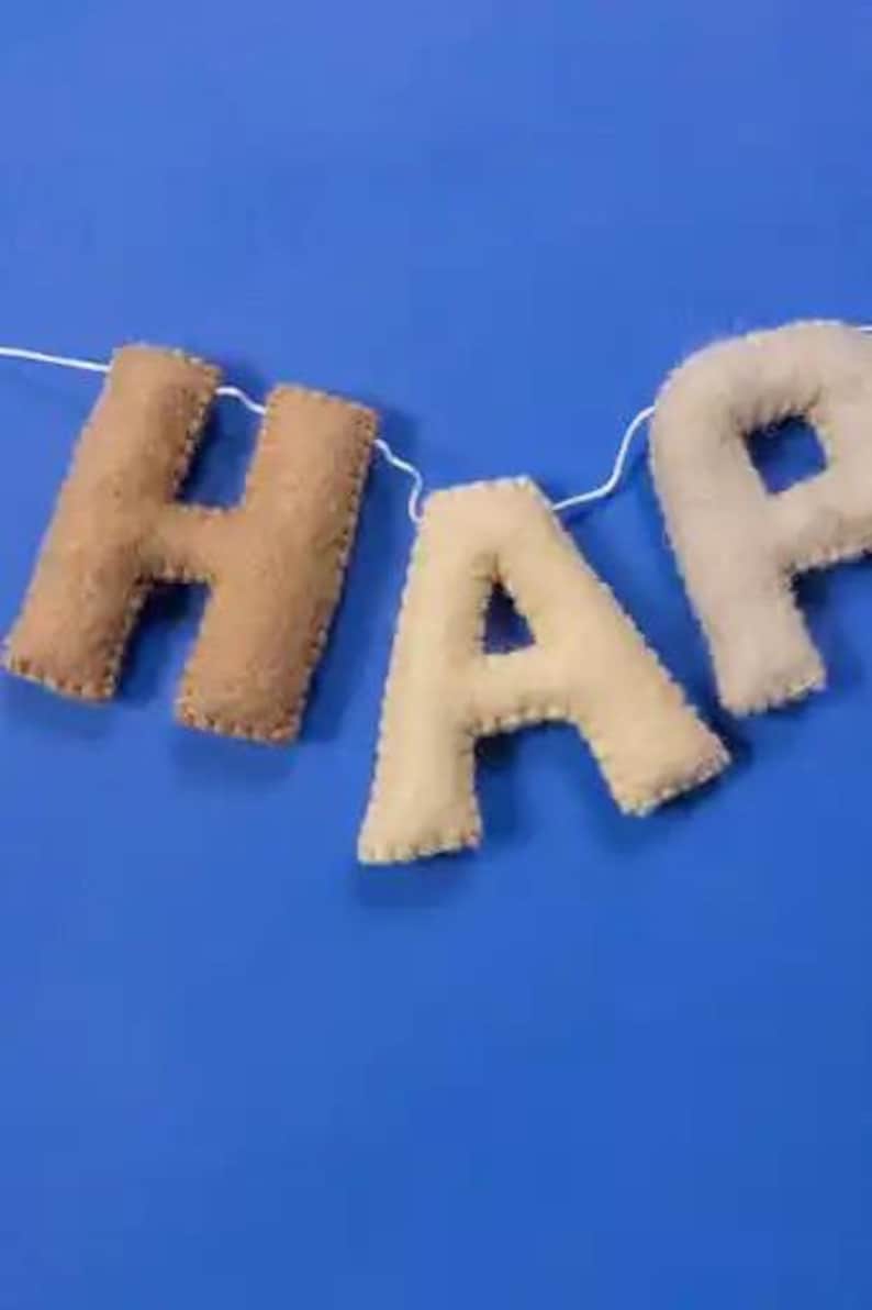 Handmade Felt Happy Birthday Banner Neutral Beige Natural Light Brown Tan Colors Garland Gift Party Office Classroom Home Decor Sign image 6