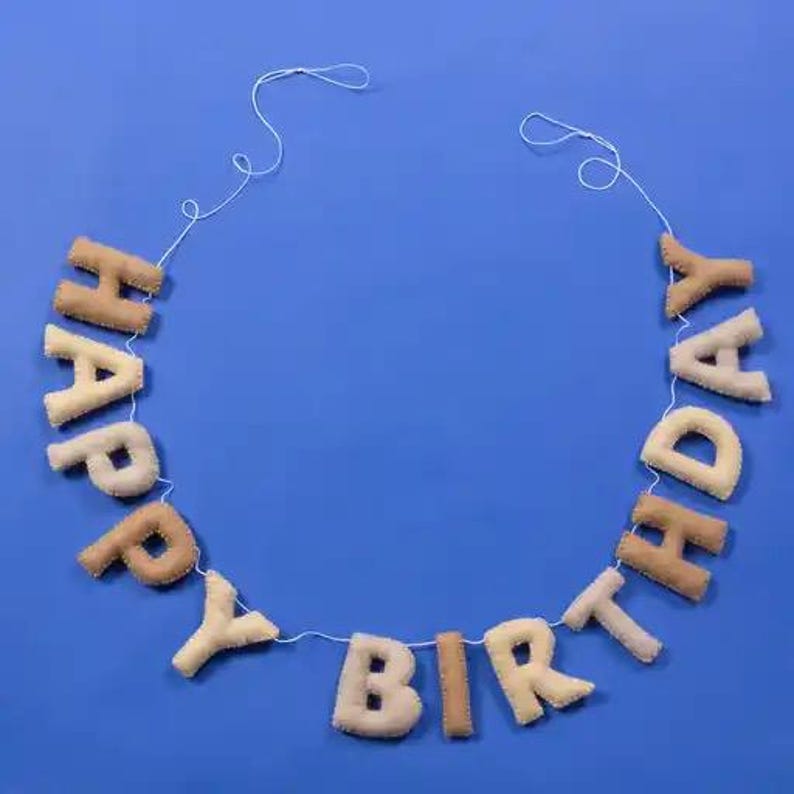 Handmade Felt Happy Birthday Banner Neutral Beige Natural Light Brown Tan Colors Garland Gift Party Office Classroom Home Decor Sign image 2