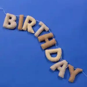 Handmade Felt Happy Birthday Banner Neutral Beige Natural Light Brown Tan Colors Garland Gift Party Office Classroom Home Decor Sign image 5