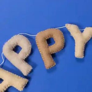 Handmade Felt Happy Birthday Banner Neutral Beige Natural Light Brown Tan Colors Garland Gift Party Office Classroom Home Decor Sign image 7