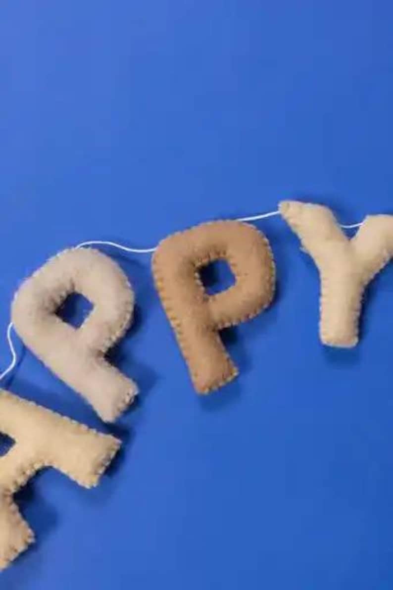 Handmade Felt Happy Birthday Banner Neutral Beige Natural Light Brown Tan Colors Garland Gift Party Office Classroom Home Decor Sign image 7